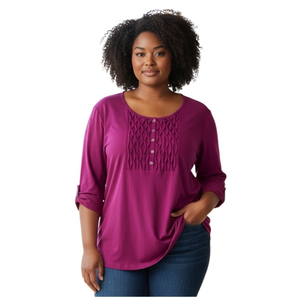 Karen Scott Tunic Top with Roll-Tab cuff Three Quarter Sleeves, Purple,‎ Size 4X
